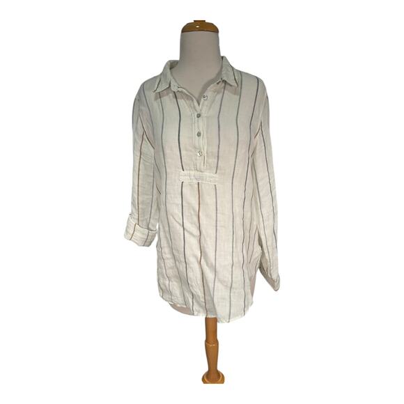ARTISANNY 100% Linen Size Medium White Stripped Tunic 1/4 Button Down Lounge - Picture 9 of 11